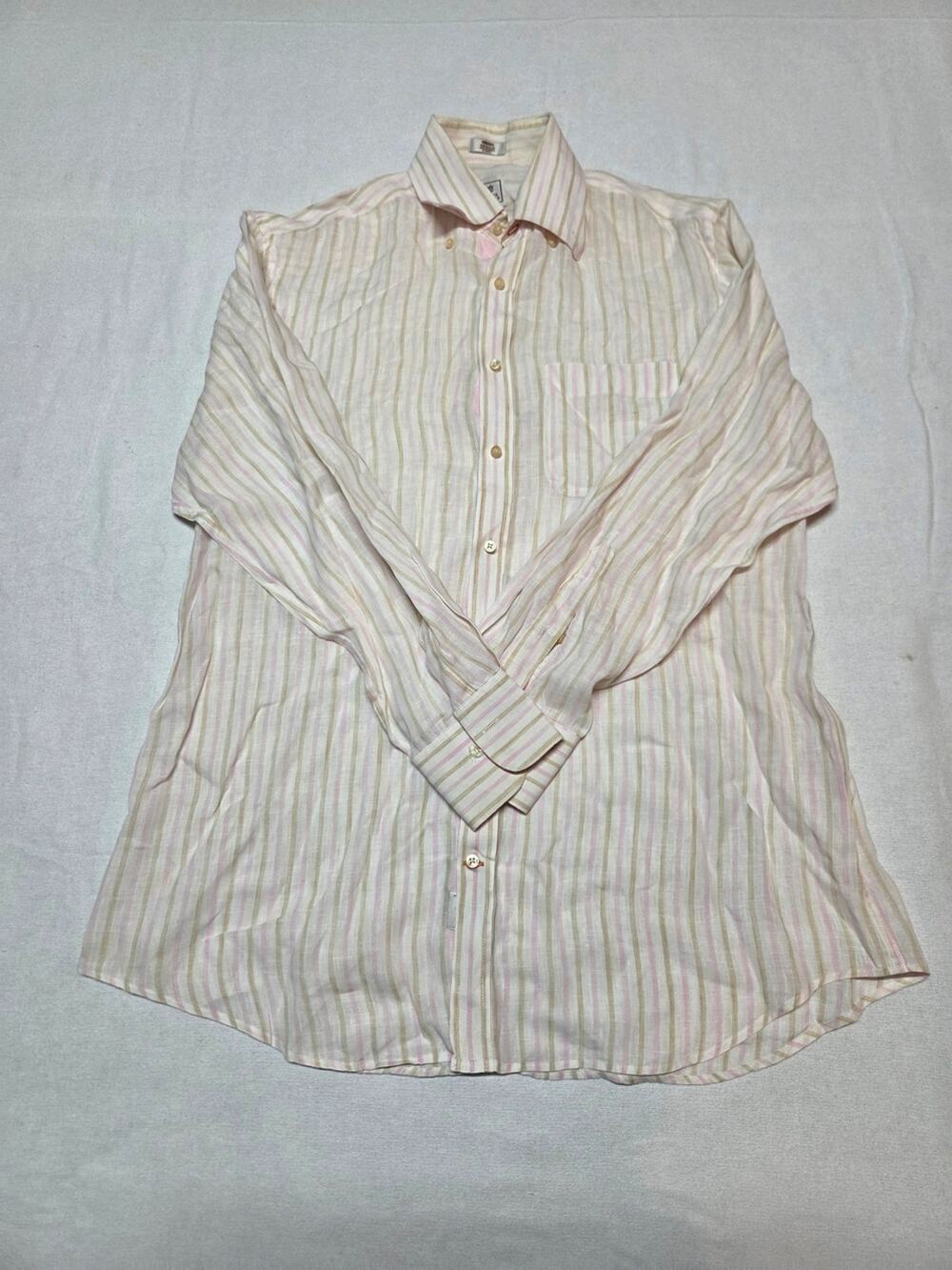 Peter Millar Men's Pink and White Striped Button-Down Shirt Size M